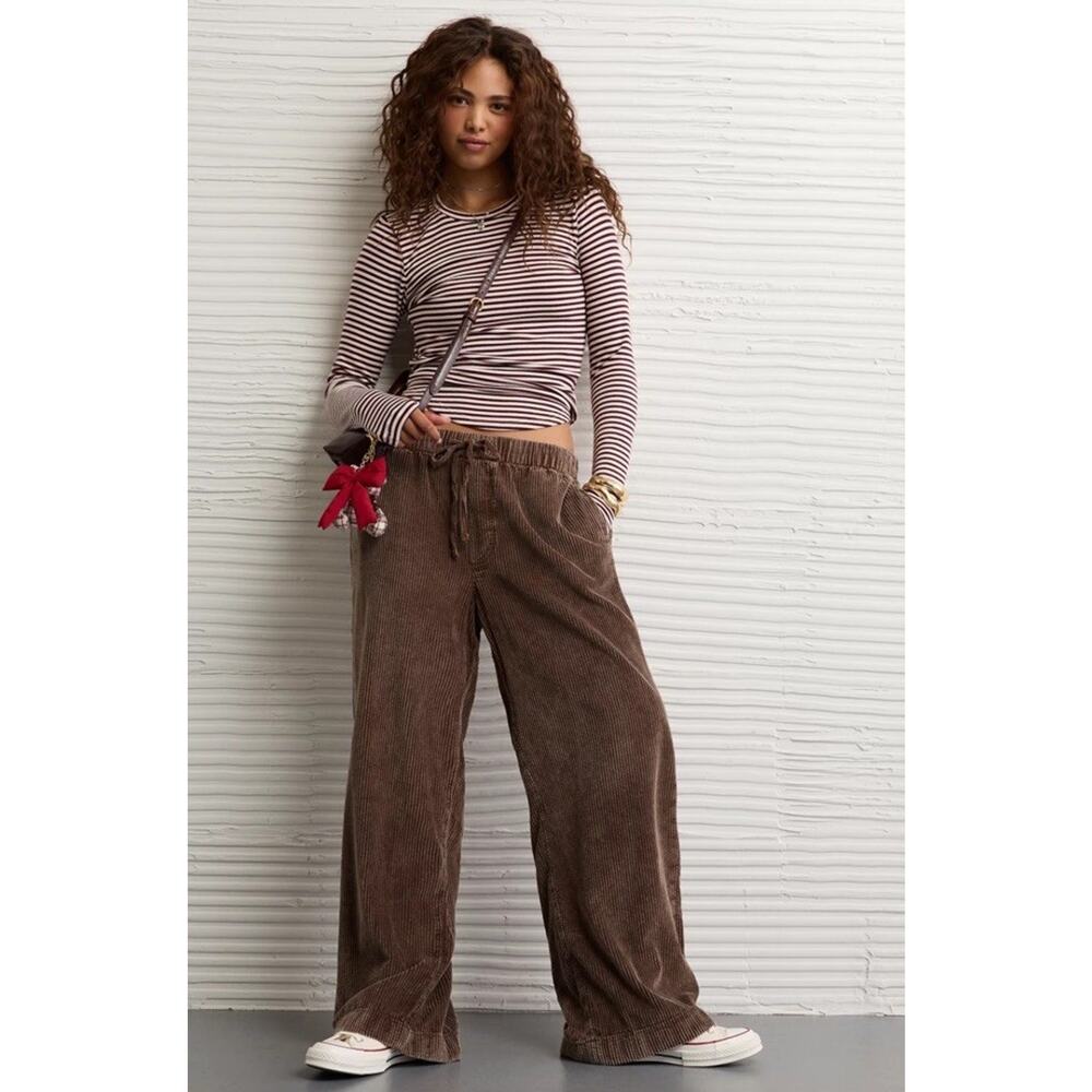 American Eagle Corduroy Wide Leg Pants XL Brown Pull On Drawstring Baggy - Picture 13 of 14